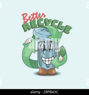 meilleur recyclage go green concept. poubelle happy face mascotte de style rétro illustration vectorielle Illustration de Vecteur