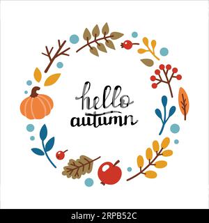 BONJOUR lettrage manuscrit D'AUTOMNE. Cadre décoratif d'automne, modèle avec feuilles, citrouille, pomme, baies. Illustration vectorielle dans le style Doodle. Illustration de Vecteur