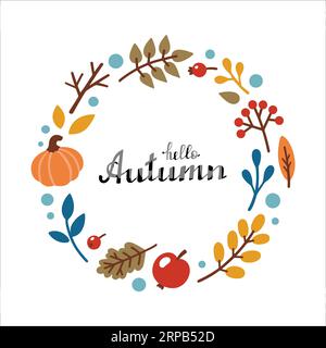 BONJOUR lettrage manuscrit D'AUTOMNE. Cadre décoratif d'automne, modèle avec feuilles, citrouille, pomme, baies. Illustration vectorielle dans le style Doodle. Illustration de Vecteur