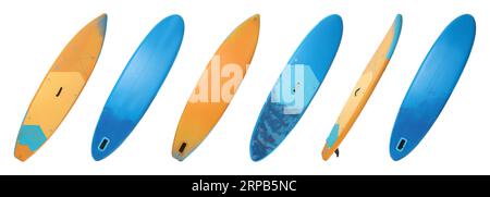 Collage avec des planches SUP avec paddle isolé sur blanc, différents côtés Banque D'Images