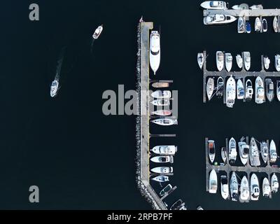 Une vue aérienne d'une marina animée avec une variété de bateaux de différentes tailles amarrés dans l'eau. Banque D'Images
