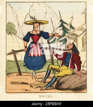 Costumes du peuple suisse, 19e siècle. Femme en chapeau à large bord, tresses, blouse, corsage, jupes et tablier. Homme en chapeau, veste matelassée, culottes et bottes. Suisse. Gravure sur cuivre colorée à la main du monde en miniature, ou Panorama des costumes, Manners & Customs of All Nations, John Bysh, Londres, 1825. Banque D'Images