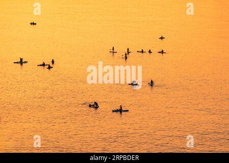 Les gens aventureux sur une planche de stand up paddle pagaie pendant un lever de soleil lumineux et vibrant Banque D'Images