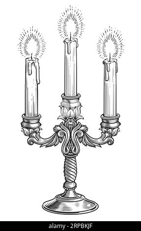 Candélabre vintage avec trois bougies allumées dans le style de gravure. Illustration de dessin de chandelier dessiné à la main Banque D'Images