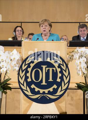 (190611) -- GENÈVE, 11 juin 2019 (Xinhua) -- la chancelière allemande Angela Merkel prononce un discours lors de la 108e session de la Conférence internationale du travail à Genève, Suisse, le 11 juin 2019. Angela Merkel a déclaré mardi que le monde doit continuer à travailler pour améliorer les conditions de travail et transformer la croissance économique en progrès social. (Xinhua/Xu Jinquan) SUISSE-GENÈVE-CONFÉRENCE INTERNATIONALE du travail-MERKEL PUBLICATIONxNOTxINxCHN Banque D'Images