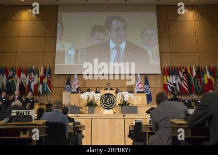 (190611) -- GENÈVE, 11 juin 2019 (Xinhua) -- le président chypriote Nicos Anastasiades prononce un discours lors de la 108e session de la Conférence internationale du travail à Genève, Suisse, le 11 juin 2019. La Conférence internationale du travail (CIT) annuelle de l Organisation internationale du travail (OIT) se tient du 10 au 21 juin, marquant le 100e anniversaire de l organisation à Genève. (Xinhua/Xu Jinquan) SUISSE-GENÈVE-CONFÉRENCE INTERNATIONALE du travail PUBLICATIONxNOTxINxCHN Banque D'Images