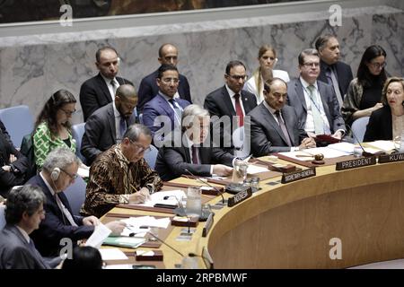 (190612) -- NATIONS UNIES, 12 juin 2019 -- le secrétaire général des Nations Unies Antonio Guterres (3rd R, front) présente une réunion du Conseil de sécurité sur la prévention des conflits et la méditation, au siège des Nations Unies à New York, le 12 juin 2019. Le Secrétaire général des Nations Unies Antonio Guterres a déclaré mercredi que la prévention des conflits et la médiation sont deux des outils les plus importants à notre disposition pour réduire les souffrances humaines. RÉUNION-CONSEIL DE SÉCURITÉ-PRÉVENTION DES CONFLITS ET MÉDITATION LIXMUZI PUBLICATIONXNOTXINXCHN Banque D'Images