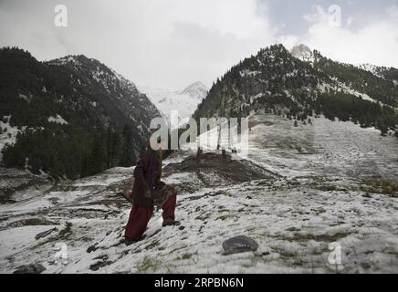 (190613) -- SRINAGAR, le 13 juin 2019 -- Un nomade marche le long d'un chemin sur une colline après une chute de neige à Sonmarg, dans la banlieue de Srinagar, la capitale estivale du Cachemire contrôlé par l'Inde, le 12 juin 2019.) KASHMIR-SRINAGAR-SNOWFALL JavedxDar PUBLICATIONxNOTxINxCHN Banque D'Images