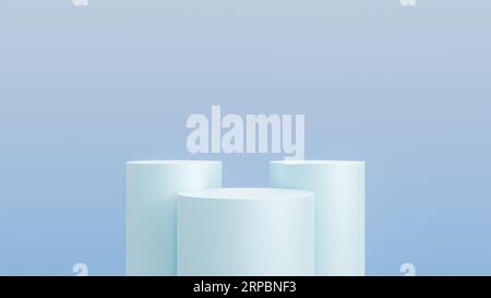 Podium de piédestal de cylindre bleu abstrait 3D avec fond bleu. Scène minimale bleu pastel avec éclairage pour la présentation du produit. Banque D'Images