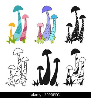 Ensemble toxique de fantaisie psychédélique de champignon. Stylise le champignon hippie rétro. Forme de silhouette de dessin animé coloré ou symbole Doodle tatouage, ligne ornée de champignons surréalistes. Collection vectorielle dessinée par alchimie Illustration de Vecteur