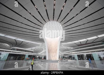 (190618) -- PÉKIN, 18 juin 2019 (Xinhua) -- des travailleurs sont vus au terminal de l'aéroport international Beijing Daxing à Pékin, capitale de la Chine, le 18 juin 2019. La construction de l'aéroport international Daxing de Beijing devrait être achevée d'ici la fin du mois. La mise en service du nouvel aéroport est prévue avant septembre 30. (Xinhua/Zhang Chenlin) CHINE-BEIJING-DAXING INT L AIRPORT-CONSTRUCTION (CN) PUBLICATIONxNOTxINxCHN Banque D'Images