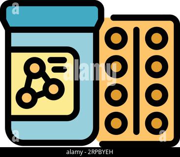 Vecteur de contour d'icône de pilules d'enzymes. Peptide aminé. Couleur de chaîne de structure plate Illustration de Vecteur