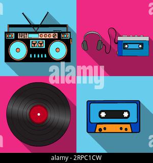 Ensemble de simples icônes de style plat avec l'ombre longue de l'ancien rétro rétro hipster ingénierie électronique, enregistreur de musique audio, lecteur, cassette, vinyle Illustration de Vecteur