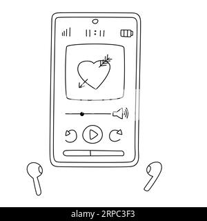 Écran de téléphone portable dessiné à la main avec une application de lecture de livre électronique et des écouteurs. Interface de lecteur dans le style doodle. Vecteur de contour noir et blanc illus Illustration de Vecteur