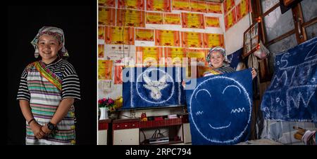 (190626) -- KUNMING, 26 juin 2019 -- la photo combinée montre le portrait de Li Xiaona (L), une élève de 12 ans de cinquième année du groupe ethnique Dulong, et Li montrant un morceau de tissu teint à la cravate qu'elle a fait à la maison dans le village de Xianjiudang du canton de Dulongjiang, comté de Gongshan, province du Yunnan au sud-ouest de la Chine, le 21 juin 2019. Les minorités zhiguo sont des membres particuliers des 56 groupes ethniques de la Chine. Le terme Zhiguo désigne les groupes minoritaires qui, avant la modernisation, vivaient dans un isolement relatif et avaient sauté la période de transition associée à la monarchie féodale. Le Yunnan est une zone concentrée majeure de Zhiguo M. Banque D'Images