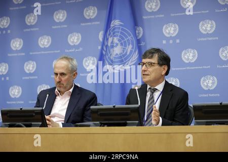 (190628) -- NATIONS UNIES, 28 juin 2019 -- Frank Laczko (R), directeur du Centre d'analyse des données sur les migrations mondiales à l'Organisation internationale pour les migrations (OIM), informe les journalistes sur le lancement du rapport Fatal Journeys Volume 4 , au siège des Nations Unies à New York, le 28 juin 2019. Environ 1 600 enfants migrants ont été signalés morts ou disparus entre 2014 et 2018, soit une moyenne de près d'un par jour, mais beaucoup d'autres ne sont pas enregistrés, a révélé le nouveau rapport de l'ONU vendredi. UN-IOM-REPORT-FATAL JOURNEYS-LAUNCH LIXMUZI PUBLICATIONXNOTXINXCHN Banque D'Images