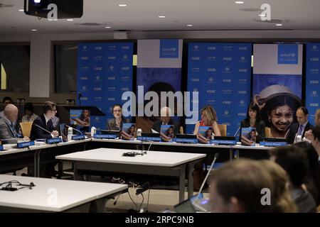 (190628) -- NATIONS UNIES, 28 juin 2019 -- la photo prise le 28 juin 2019 montre une vue d'un événement spécial de discussion sur la désinformation des vaccins et la méfiance croissante organisé par le Fonds des Nations Unies pour l'enfance (UNICEF) et la Mission permanente du Japon auprès des Nations Unies, au siège des Nations Unies à New York. Henrietta Fore, Directrice générale de l'UNICEF, a mis en garde vendredi contre la désinformation sur les vaccins et les programmes de vaccination, appelant la communauté internationale à travailler ensemble pour lutter contre ce phénomène. Un-UNICEF-VACCINATION-DÉSINFORMATION LixMuzi PUBLICATIONxNOTxINxCHN Banque D'Images