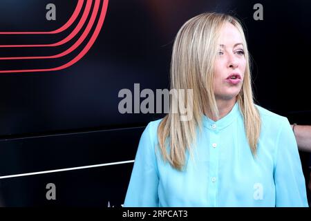 Monza, Italie. 03 septembre 2023. Le Premier ministre de la république italienne Giorgia Meloni dans le paddock avant le Grand Prix F1 d'Italie à Autodromo Nazionale le 3 septembre 2023 Monza, Italie. Crédit : Marco Canoniero/Alamy Live News Banque D'Images