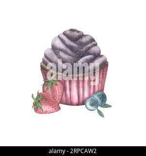 Cupcake à la crème violette à la crème rose avec fraises et myrtilles, isolé sur un fond blanc dans un style vintage. Illustration à l'aquarelle. T Banque D'Images