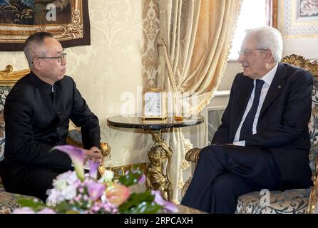 (190630) -- ROME, le 30 juin 2019 -- le président italien Sergio Mattarella (à droite) s'entretient avec le nouvel ambassadeur chinois en Italie Li Junhua à Rome le 27 juin 2019. La coopération Italie-Chine dans les domaines de la politique, de l’économie et du commerce, de la culture, de la science et de la technologie pourrait être portée à un niveau plus élevé et obtenir des résultats plus significatifs dans le cadre de l’Initiative chinoise de la ceinture et de la route (BRI), a déclaré Sergio Mattarella lors de sa rencontre avec Li Junhua. ITALIE-ROME-PRÉSIDENT ITALIEN-LI JUNHUA-BRI CHENXZHANJIETONGLIAN PUBLICATIONXNOTXINXCHN Banque D'Images