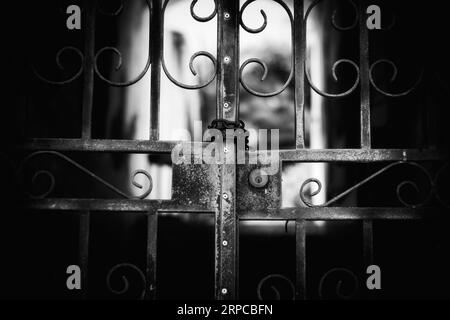 Une superbe photographie en noir et blanc représentant la grande entrée d'un portail en fer vintage Banque D'Images