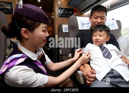 (190630) -- SHANGHAI, 30 juin 2019 -- le préposé He Meng (à gauche) appose un autocollant pour un enfant en cas de perte à bord du train à grande vitesse G1655 de Shanghai à Xiamen, province du Fujian du sud-est de la Chine, le 30 juin 2019. Le chemin de fer chinois connaîtra la haute saison estivale du 1 juillet au 31 août. ) CHINA-SHANGHAI-RAILWAY-SUMMER TRANSPORT (CN) CHENXFEI PUBLICATIONXNOTXINXCHN Banque D'Images