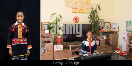 (190630) -- PÉKIN, 30 juin 2019 () -- photo combinée prise le 19 juin 2019 montre le portrait de Li Chengxiang, un élève de 12 ans de l'ethnie Deang (L, photo prise par Qin Qing), et Li jouant du clavier à la maison dans le village de Donggua, dans le canton ethnique de Deang, dans la ville de Mangshi, dans la province du Yunnan du sud-ouest de la Chine (R, photo prise par Hu Chao). Li s rêve est de devenir pianiste. Les minorités zhiguo sont des membres particuliers des 56 groupes ethniques de la Chine. Le terme Zhiguo désigne les groupes minoritaires qui, avant la modernisation, vivaient dans un isolement relatif et avaient sauté la période de transition associée à la fe Banque D'Images