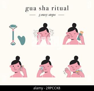 Soins de la peau, illustrations de routine avec des filles mignonnes. Crème, lotion, masque, crème pour les yeux et flacons de crème solaire Illustration de Vecteur