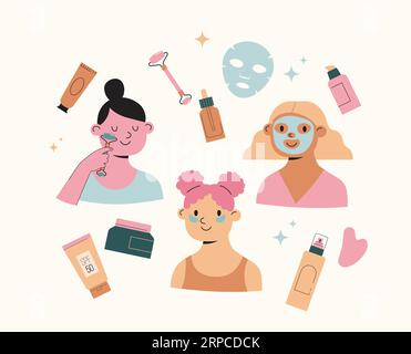 Soins de la peau, illustrations de routine avec des filles mignonnes. Crème, lotion, masque, crème pour les yeux et flacons de crème solaire Illustration de Vecteur