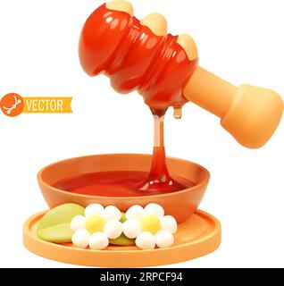 Vector miel coulant de miel en bois plongeant dans un bol, plateau en bois décoré de fleurs Illustration de Vecteur