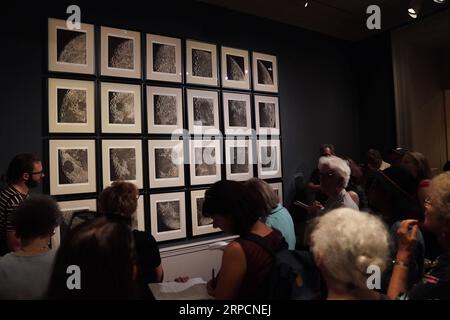 (190709) -- WASHINGTON, 9 juillet 2019 -- les visiteurs regardent la carte photographique et systématique de la Lune exposée lors d'un aperçu de By The Light of the Silvery Moon : a Century of Lunar Photographs à la National Gallery of Art de Washington D.C., États-Unis, le 9 juillet 2019. Quelque 50 œuvres, dont une sélection de photographies, seront exposées dans l'exposition qui durera du 14 juillet 2019 au 5 janvier 2020 pour marquer le 50e anniversaire de l'atterrissage lunaire d'Apollo 11. U.S.-WASHINGTON D.C.-EXPOSITION-LUNAR PHOTOGRAPHY LIUXJIE PUBLICATIONXNOTXINXCHN Banque D'Images