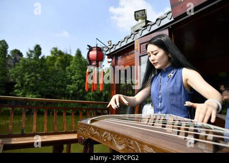 (190711) -- CHONGQING, le 11 juillet 2019 -- Une femme joue du guzheng, ou cithare chinoise, dans le parc national des zones humides de Xiuhu, dans le district de Bishan, au sud-ouest de la Chine, à Chongqing, le 10 juillet 2019.) CHINA-CHONGQING-BISHAN-WETLAND PARK-SCENERY (CN) LIUXCHAN PUBLICATIONXNOTXINXCHN Banque D'Images