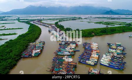 (190712) -- PÉKIN, 12 juillet 2019 -- une photo aérienne prise le 14 août 2018 montre des navires mouillant au port de pêche de Hengshan dans le Jiangmen, dans la province du Guangdong du sud de la Chine. Située dans le sud de la Chine, la province du Guangdong fait face à la mer de Chine méridionale et borde les provinces du Hunan et du Jiangxi au nord. Il abrite le célèbre delta de la rivière des perles, composé de trois rivières en amont et d'un grand nombre d'îles. En raison du climat, Guangdong est célèbre pour son système écologique diversifié et son environnement. Ces dernières années, en défendant le principe du développement vert, Guangdong a fait remarquable Banque D'Images