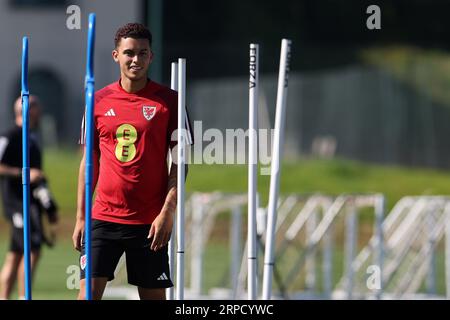 Cardiff, Royaume-Uni. 04 septembre 2023. Brennan Johnson du pays de Galles lors de l'entraînement de l'équipe de football du pays de Galles à Hensol, Vale of Glamorgan dans le sud du pays de Galles, le lundi 4 septembre 2023. photo par Andrew Orchard/Andrew Orchard photographie sportive/Alamy Live News crédit : Andrew Orchard photographie sportive/Alamy Live News Banque D'Images