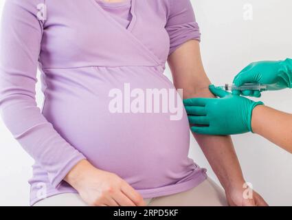 Le médecin prend un test sanguin biochimique d'une fille enceinte pour les infections et le taux de sucre dans le sang, l'uréaplasmose Banque D'Images