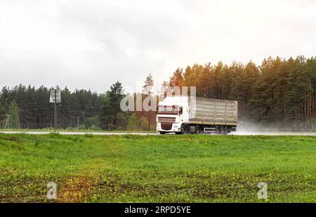 Un camion avec une semi-remorque transporte des marchandises en été sur une autoroute par temps pluvieux, industrie Banque D'Images