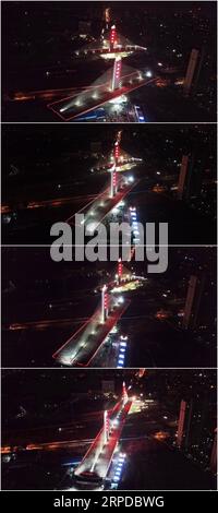 (190730) -- BAODING, 30 juillet 2019 -- cette photo combinée montre le processus (de haut en bas) dans lequel deux parties d'un pont au-dessus du chemin de fer Beijing-Guangzhou sont tournées avec succès vers leurs positions cibles en utilisant la méthode de construction pivotante à Baoding, dans la province du Hebei du nord de la Chine, le 30 juillet 2019. La Chine a adopté la méthode de construction pivotante dans la construction de nombreux ponts pour minimiser l'interférence sur le trafic ci-dessous. La méthode permet de surmonter les contraintes de l'environnement et de la circulation, tout en raccourcissant la période de construction. MU Yu) CHINA-HEBEI-BAODING-BRIDGE-ROTATION (CN) MouxYu Banque D'Images