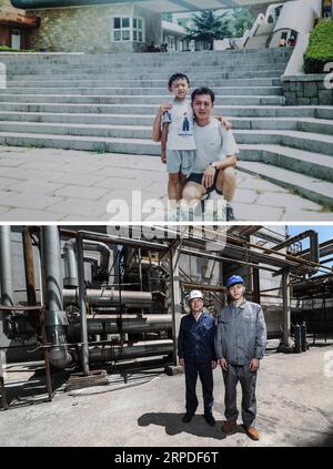 (190801) -- ANSHAN, 1 août 2019 -- une photo combinée montre Luo Yuze et son père Luo Yuehui, travailleurs d'Ansteel Group Co., Ltd., posant ensemble en 1999 (en haut) et le 21 juin 2019. Né de gravats dans la ville d Anshan, dans le nord-est de la Chine, Ansteel, âgé de 70 ans, a été le berceau de l industrie sidérurgique chinoise ainsi que le premier géant du fer et de l acier construit après la fondation de la République populaire de Chine il y a 70 ans. Actuellement, Ansteel est en mesure de produire environ 40 millions de tonnes de fer et d'acier par an. Son acier peut être trouvé dans de nombreux projets emblématiques dont le Grand Hall du peuple, le Banque D'Images