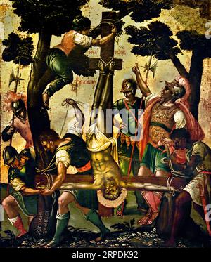 Crucifixion de Saint André Athènes Grèce Musée byzantin Église orthodoxe grecque ( icône ) martyre de Saint André qui a été crucifié à l'envers. Icône de Michael Damaskenos artistes crétois du 16e siècle Banque D'Images