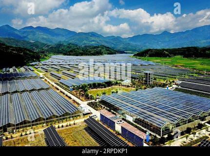 (190807) -- PÉKIN, 7 août 2019 -- une photo aérienne prise le 28 juillet 2019 montre la vue d'une centrale photovoltaïque ainsi que d'un jardin agricole dans le canton de Dongping, dans le comté de Zhenghe, dans le sud-est de la Chine, dans la province du Fujian. Le secteur agricole chinois a connu une croissance rapide au cours des 70 dernières années, avec une production céréalière multipliée par 4,8, selon un rapport du Bureau national des statistiques (NBS). La production céréalière de la Chine a augmenté à un taux annuel moyen de 2,6 pour cent à partir de 1949 pour atteindre 658 milliards de kg en 2018, parvenant à nourrir environ 20 pour cent de la population mondiale avec seulement moins de Banque D'Images