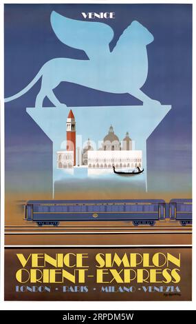 Affiche de train Vintage Venise Simplon Orient Express, Londres, Paris, Milan et Venise Banque D'Images