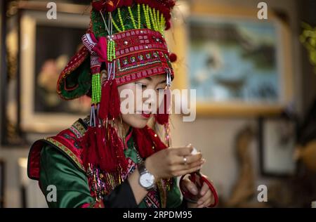 (190807) -- SHIPING, 7 août 2019 -- Zhang Hua fabrique un patchwork de plumes dans son atelier du comté de Shiping, préfecture autonome de Hani-Yi de Honghe, province du Yunnan au sud-ouest de la Chine, 7 août 2019. Né dans le canton de Longpeng dans le comté de Shiping, Zhang Hua, de l'ethnie Yi, s'intéresse à la broderie Yi dès son plus jeune âge et a commencé à apprendre la fabrication de patchwork de plumes depuis 2009. En 2016, Zhang Hua a fondé un studio pour aider les femmes locales à apprendre la broderie et l'art des plumes gratuitement. Puis, avec le soutien du gouvernement local, elle a organisé une coopérative spécialisée dans l’art des plumes pour booster les locaux Banque D'Images