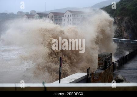 Actualités Themen der Woche KW32 190810 -- BEIJING, 10 août 2019 -- d'énormes vagues ont frappé le rivage de la mer alors que le typhon Lekima approche dans le canton de Shitang de la ville de Wenling, province du Zhejiang dans l'est de la Chine, le 9 août 2019. Le Centre météorologique national de la Chine a émis une alerte rouge pour le typhon Lekima vendredi matin, car il devrait toucher terre dans les zones côtières de la province orientale du Zhejiang samedi. À 8 heures du matin, le centre du typhon Lekima, le neuvième typhon de l’année, se trouvait à environ 290 km au sud-est de la ville de Wenling dans le Zhejiang, avec une force de vent maximale de 209 km par heure. XINHUA PH Banque D'Images