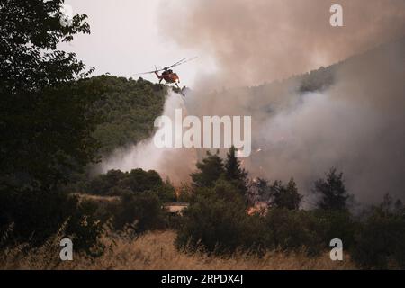 (190813) -- ÎLE D'EVIA (GRÈCE), 13 août 2019 -- Un hélicoptère larguant est vu combattre un feu de forêt près du village de Makrymalli sur l'île d'Evia, en Grèce, le 13 août 2019. Les pompiers grecs ont combattu les plus grands incendies de forêt de cet été qui ont fait rage sur deux fronts importants près d'Athènes mardi, ont déclaré les autorités locales. Plus de 500 habitants ont été évacués de trois villages par mesure de précaution, selon les pompiers. (Photo de Nick Paleologos/Xinhua) GRÈCE-ÎLE D'EVIA-FEU DE FORÊT NixKe¤palaiaoluogesi PUBLICATIONxNOTxINxCHN Banque D'Images