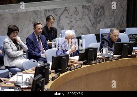 (190814) -- NATIONS UNIES, 14 août 2019 -- Jacek Czaputowicz (2e R), ministre des Affaires étrangères de la Pologne et président du Conseil de sécurité des Nations Unies pour le mois d'août, discours prononcé à la réunion du Conseil de sécurité des Nations Unies sur la promotion et le renforcement de la primauté du droit dans le maintien de la paix et de la sécurité internationales, au siège des Nations Unies à New York, le 13 août 2019. ) RÉUNION DU CONSEIL DE SÉCURITÉ des Nations Unies LixMuzi PUBLICATIONxNOTxINxCHN Banque D'Images