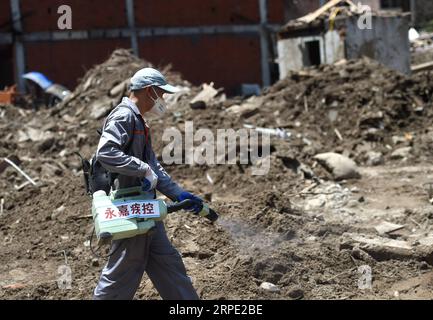 (190812) -- YONGJIA, 12 août 2019 -- un ouvrier stérilise le site de glissement de terrain dans le village de Shanzao de la municipalité de Yantan dans le comté de Yongjia, province de Zhejiang dans l'est de la Chine, 12 août 2019. Lundi matin, le nombre de morts dans la province du Zhejiang est passé à 39 tandis que neuf autres étaient toujours portés disparus, a déclaré le siège de la lutte contre les inondations de la province du Zhejiang. Le typhon Lekima, le neuvième et le plus fort typhon de l'année, a atterri vers 1:45 heures samedi dans la ville de Wenling dans la province du Zhejiang.) CHINE-ZHEJIANG-TYPHON LEKIMA (CN) HanxChuanhao PUBLICATIONxNOTxINxCHN Banque D'Images