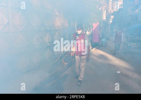 (190818) -- DHAKA, 18 août 2019 (Xinhua) -- un travailleur pulvérise du brouillard anti-moustique pour tenter de contrôler la dengue à Dhaka, au Bangladesh, le 18 août 2019. Dimanche, le gouvernement bangladais a augmenté le nombre probable de décès dus à la dengue à 70 dans le pays jusqu’à présent cette saison de fièvre et a demandé aux agences de l’État de déployer des efforts plus coordonnés pour freiner l’épidémie de la maladie transmise par plusieurs espèces de moustiques du genre Aedes. (Str/Xinhua) BANGLADESH-DHAKA-DENGUE-ANTI-MOUSTIQUE PUBLICATIONxNOTxINxCHN Banque D'Images