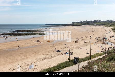 Les gens profitant du soleil sur la plage de Tynemouth Longsands, Angleterre, Royaume-Uni Banque D'Images