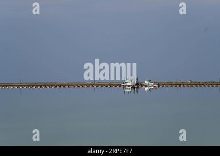 (190820) -- RUOQIANG, 20 août 2019 -- une photo prise le 18 juillet 2019 montre l'équipement de production à Lop Nur dans le comté de Ruoqiang, dans la région autonome ouygur du Xinjiang du nord-ouest de la Chine. Lop Nur, le deuxième plus grand lac d'eau salée en Chine, est une importante base de production de sulfate de potassium. CHINE-XINJIANG-RUOQIANG-SCENERY(CN) ZhaoxGe PUBLICATIONxNOTxINxCHN Banque D'Images