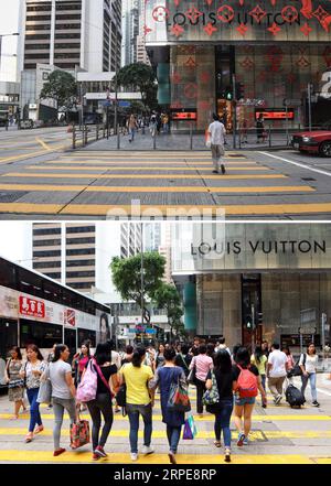 (190821) -- HONG KONG, 21 août 2019 -- une photo combinée prise le 20 août 2019 par Xinhua (UP) et le 30 mai 2017 par Li Peng de Xinhua montre respectivement des touristes visitant un centre commercial dans le centre de Hong Kong, dans le sud de la Chine. Alors que la violence prolongée continue de secouer Hong Kong, son industrie touristique s'est transformée en un hiver froid en raison des troubles. Au cours de la période juin-juillet, les revenus moyens des travailleurs du tourisme ont chuté de 74 pour cent, tandis que le nombre de visites à Hong Kong a chuté de 74 pour cent en moyenne, selon une enquête du Hong Kong Tour Guides General Union. CHINE-HONG KONG-TOURISME-IMPACT (CN) Banque D'Images